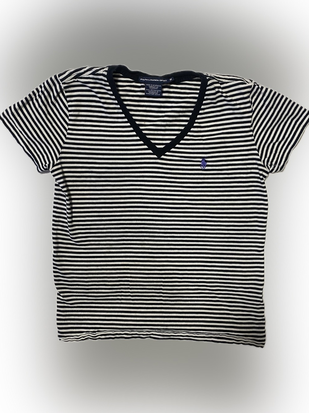 Ralph Lauren Black & White Striped V-Neck Tee with Polo Pony